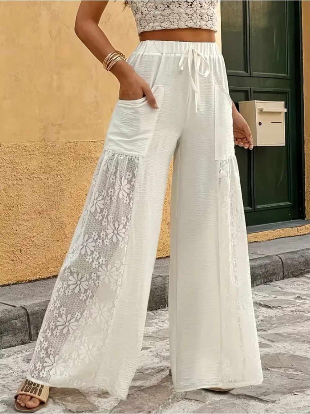 COWGIRL Chic Cream Lace Panel Wide-Leg Pants